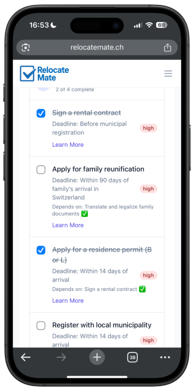 Relocate Mate mobile app interface showing personalized checklist