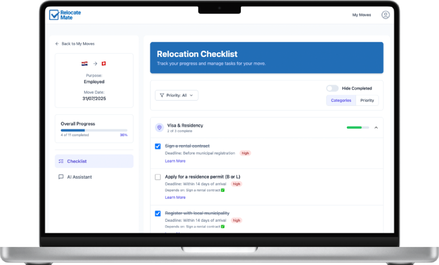 Relocate Mate web interface showing relocation checklist dashboard